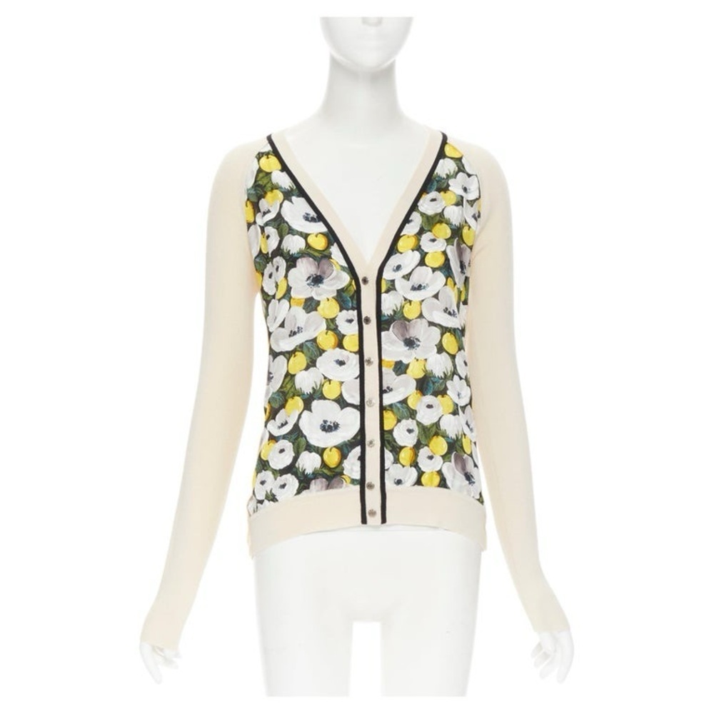 🎀AUTHENTIC LOUIS VUITTON small daisy lemon silk panel beige ribbed wool cardigan